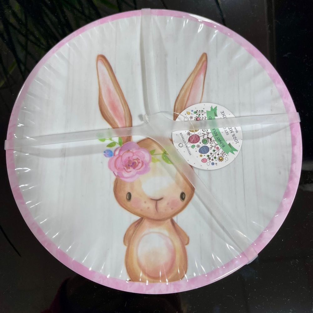 Pink Easter Bunny Girl Melamine Dessert Plates Salad Appetizers, set of 8 NWT
